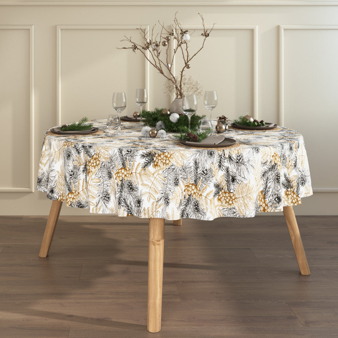Nordische Weihnacht - Gold und Tanne - abwaschbare Tischdecke mit Tannengrün und goldenen Details, Ambienteaufnahme