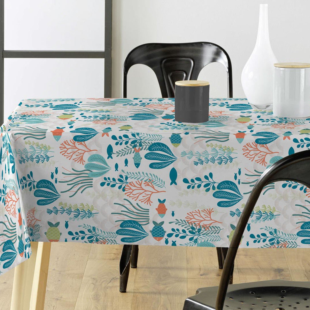 Oceania White - Wachstuch Tischdecke mit Fischen und Meerespflanzen