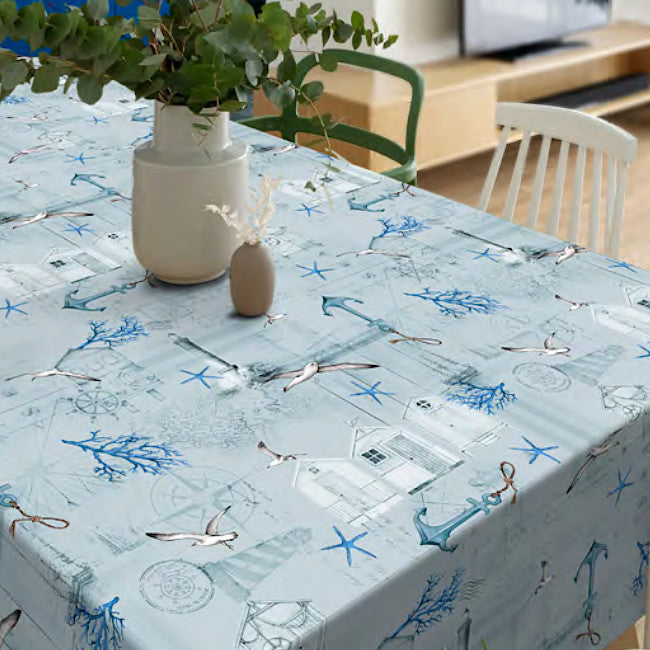 Under Himlen - Over havet - Hellgrau-blaue Wachstuch Tischdecke mit maritimen Motiven