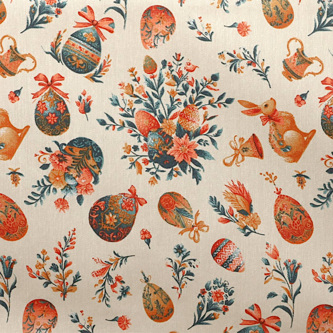 Ostern mit Fabergé-Eiern, Naturweiß – Abwaschbare Tischdecke mit Ostermotiven