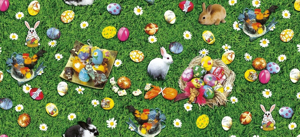 Wachstuch Tischdecke für Ostern - Kaninus auf der Osterwiese