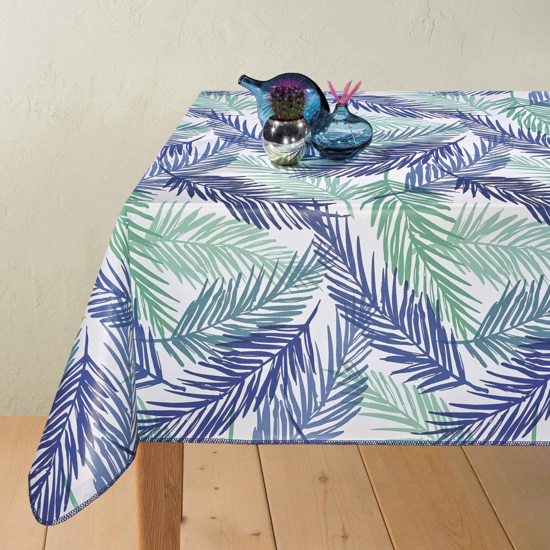 Palmblätter Blau – blau-weiße Wachstuch Tischdecke mit Palmblättern