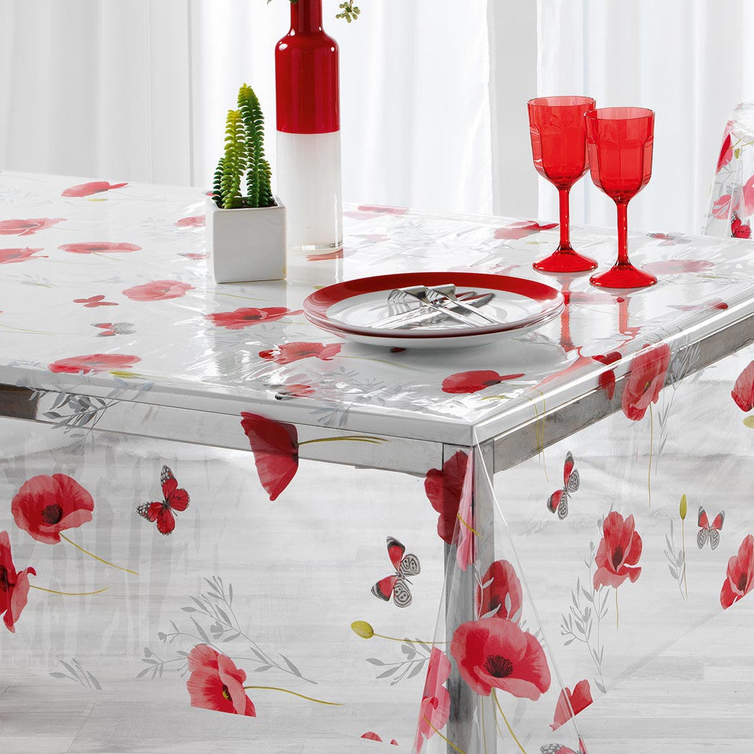 Pobbyly - Tischfolie transparent mit Mohnblumen und Schmetterlingen, Ecke