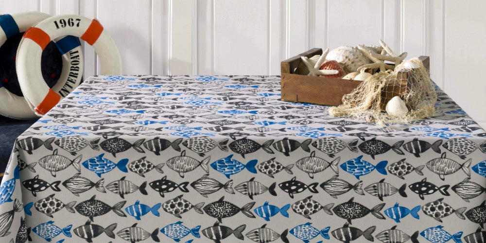 Poussin, abwaschbare Tischdecke mit Fischen, 160 cm breit