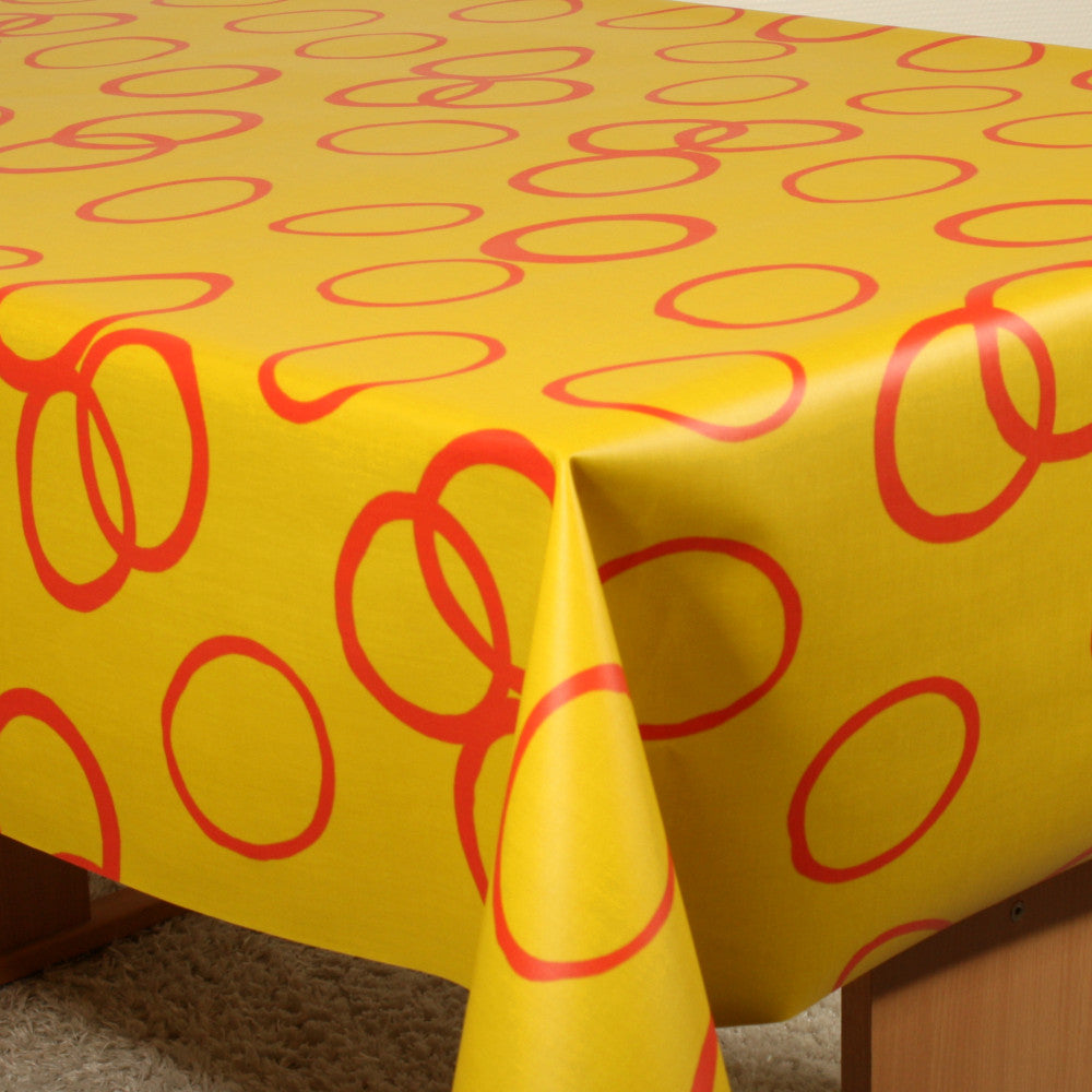Rote Kreise und sonnengelber Hintergrund – abwaschbare Tischdecke, 140 cm
