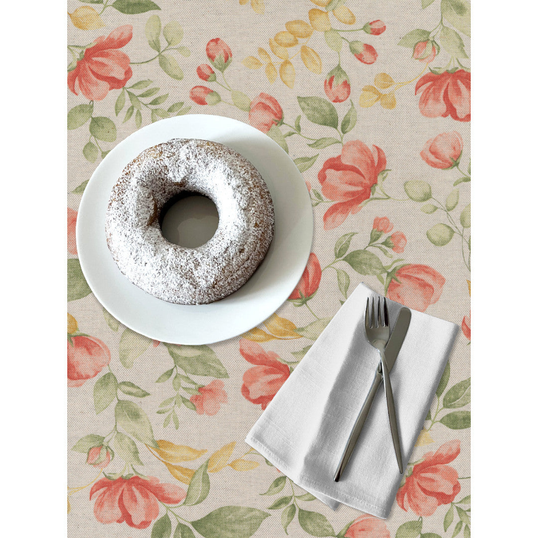 Roselia – Abwaschbare Tischdecke in Leinenoptik mit romantischen Blumen, Details