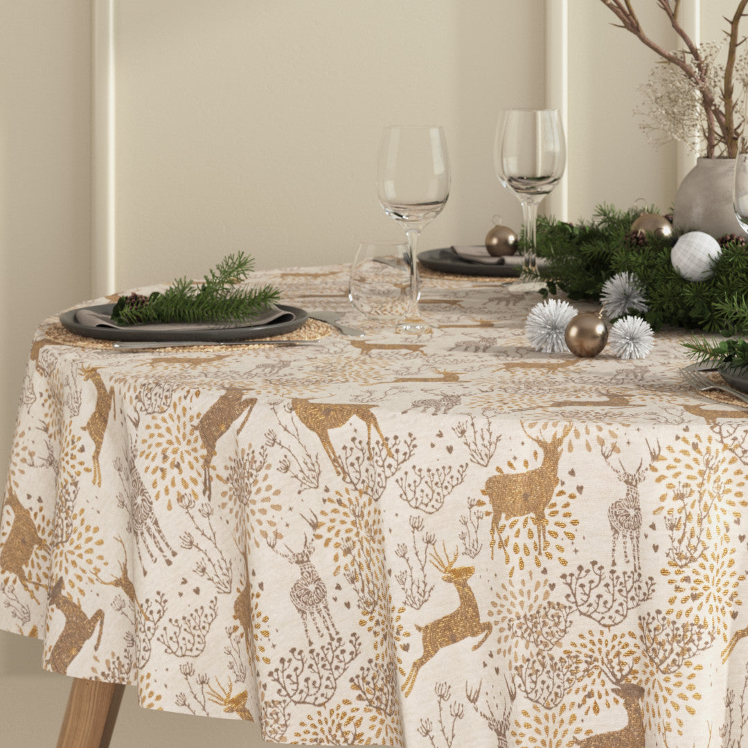 Runde Weihnachtstischdecke Golden Reindeers mit goldenen, dekorativen Rentieren