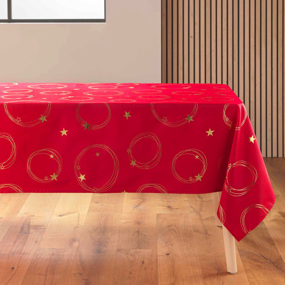 Star Metallic Print Rot/Gold - rote Weihnachtstischdecke mit Golddruck, 150 x 240 cm, Ecke