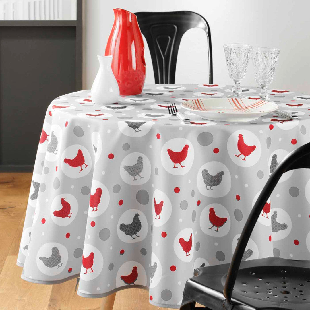 Suzette Natural - Runde Wachstuch-Tischdecke mit Hühnern, Ø 155 cm