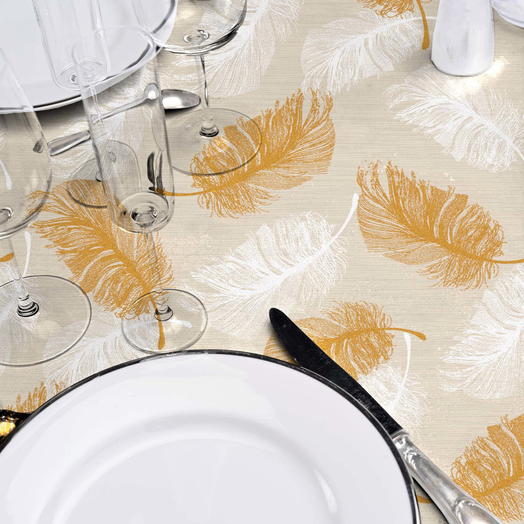 Textilia Glitter Sarina - Wachstuch Tischdecke mit schönen Federn in Silber- und Goldeffekt, Tischdekoration