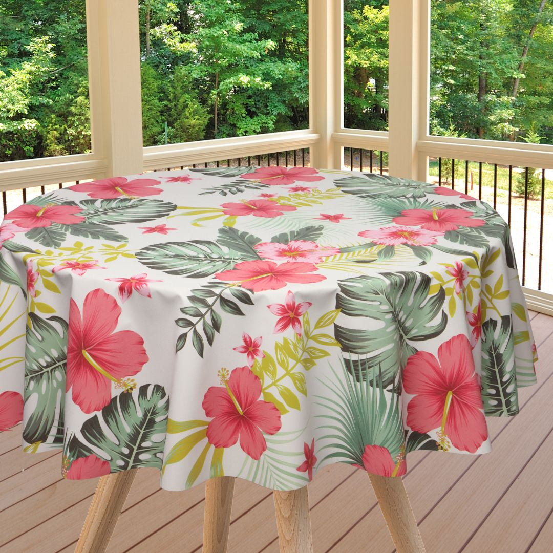 Textilia Bella White - Runde Wachstuch-Tischdecke mit Blumen und Blättern