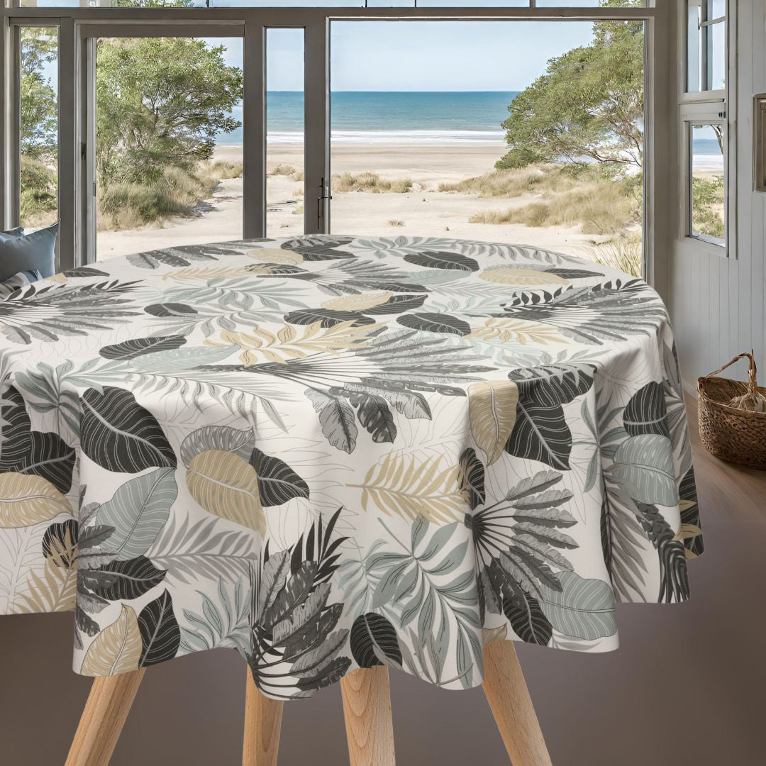 Textillia Panazio Linen – Runde helle Wachstuch Tischdecke mit tropischen Blättern