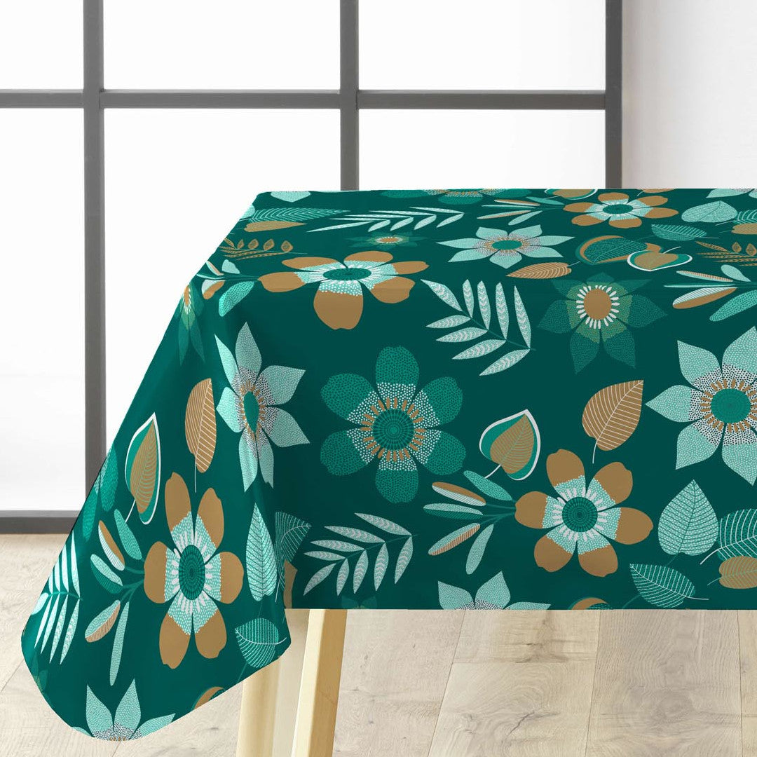 Vanda – dunkelgrüne Wachstuch Tischdecke mit Blumen und Blättern, Eckaufnahme