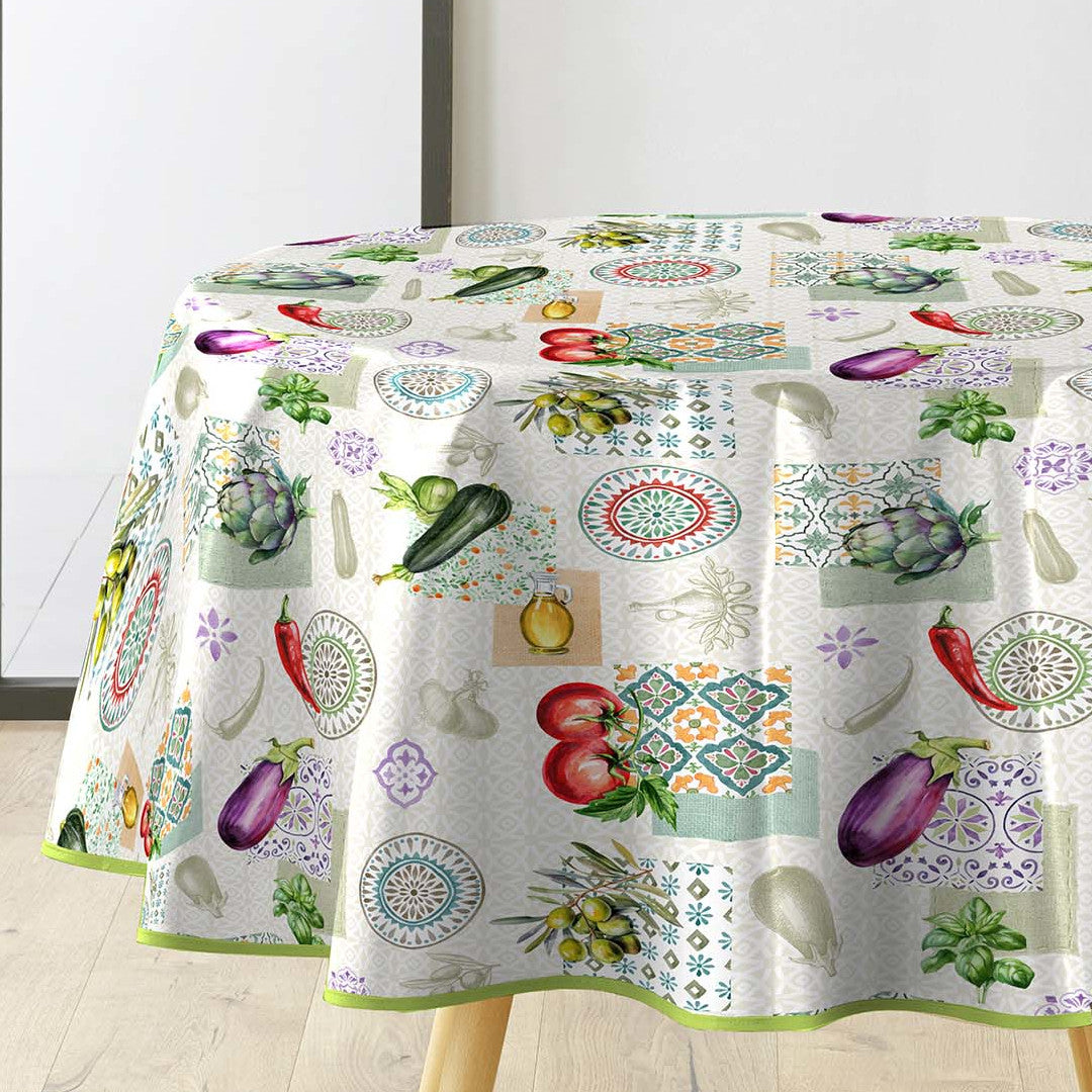 Vegetalia - Runde Wachstuch-Tischdecke, mediterranes Flair und Gemüse Ø 155 cm