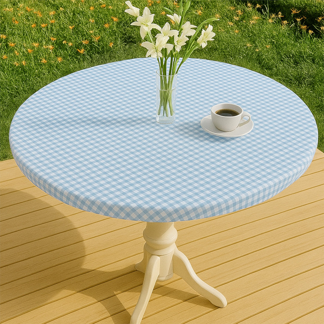 Vichy Petite Hellblau - Runde Wachstischdecke mit Gummizug