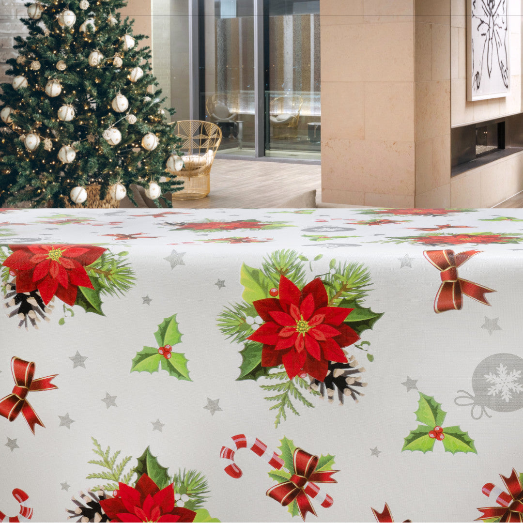 Winterweißes Weihnachten – Wachstuch Tischdecke mit roten Weihnachtssternen und Weihnachtsbaum