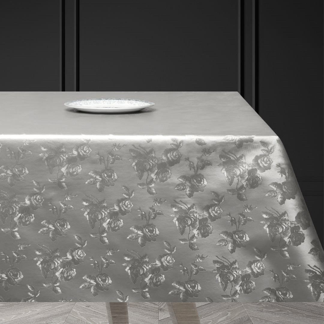 Damask Rose Silber – Wachstuch Tischdecke mit schönem geprägtem Damastmuster