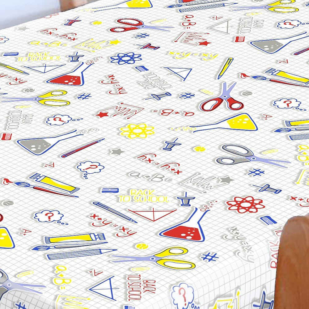 School - Vi Experimenterer, Wachstuch Tischdecke mit Motiven aus den etwas höheren Schulklassen