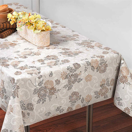 Misty Beige Flower – Wachstuch Tischdecke mit verschnörkelten Blumen