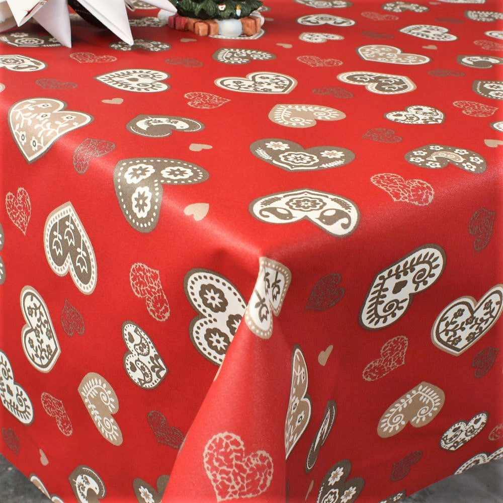 Abwaschbare Weihnachtstischdecke aus 100% Baumwolle - Boncoeur Rot - 155 cm breit