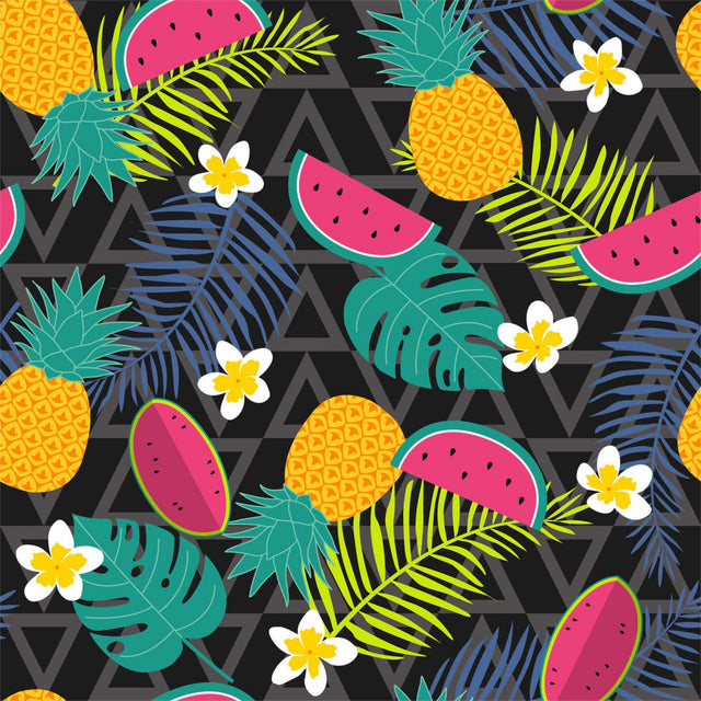 Caribbean Summer, Schwarz – sommerliche Wachstuch Tischdecke mit Früchten und Blumen
