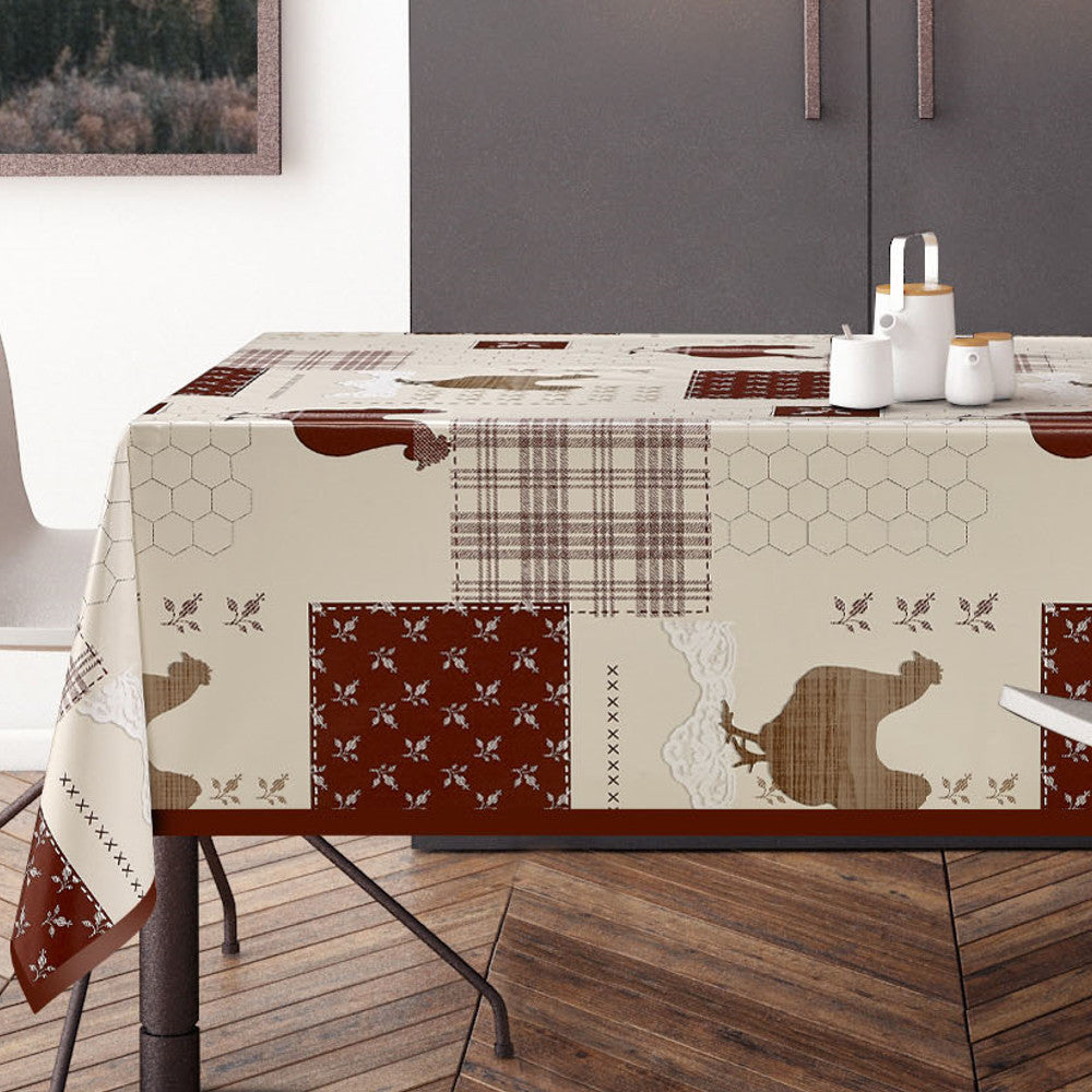 Patchwork-Hühner – Wachstuch Tischdecke mit roten gackernden Hühnern