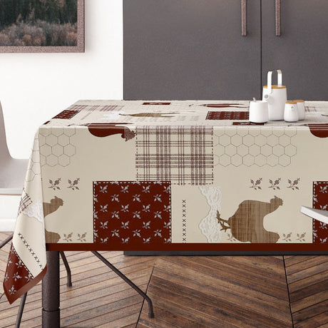 Patchwork-Hühner – Wachstuch Tischdecke mit roten gackernden Hühnern