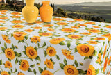 Sonnenblumen - Wachstuch Tischdecke in Gelb- und Orangetönen auf weißem Grund, 160 cm breit