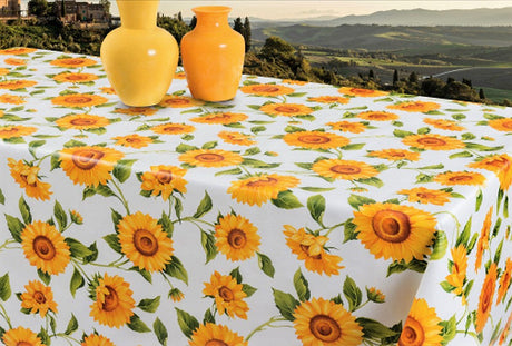 Sonnenblumen - Wachstuch Tischdecke in Gelb- und Orangetönen auf weißem Grund, 160 cm breit