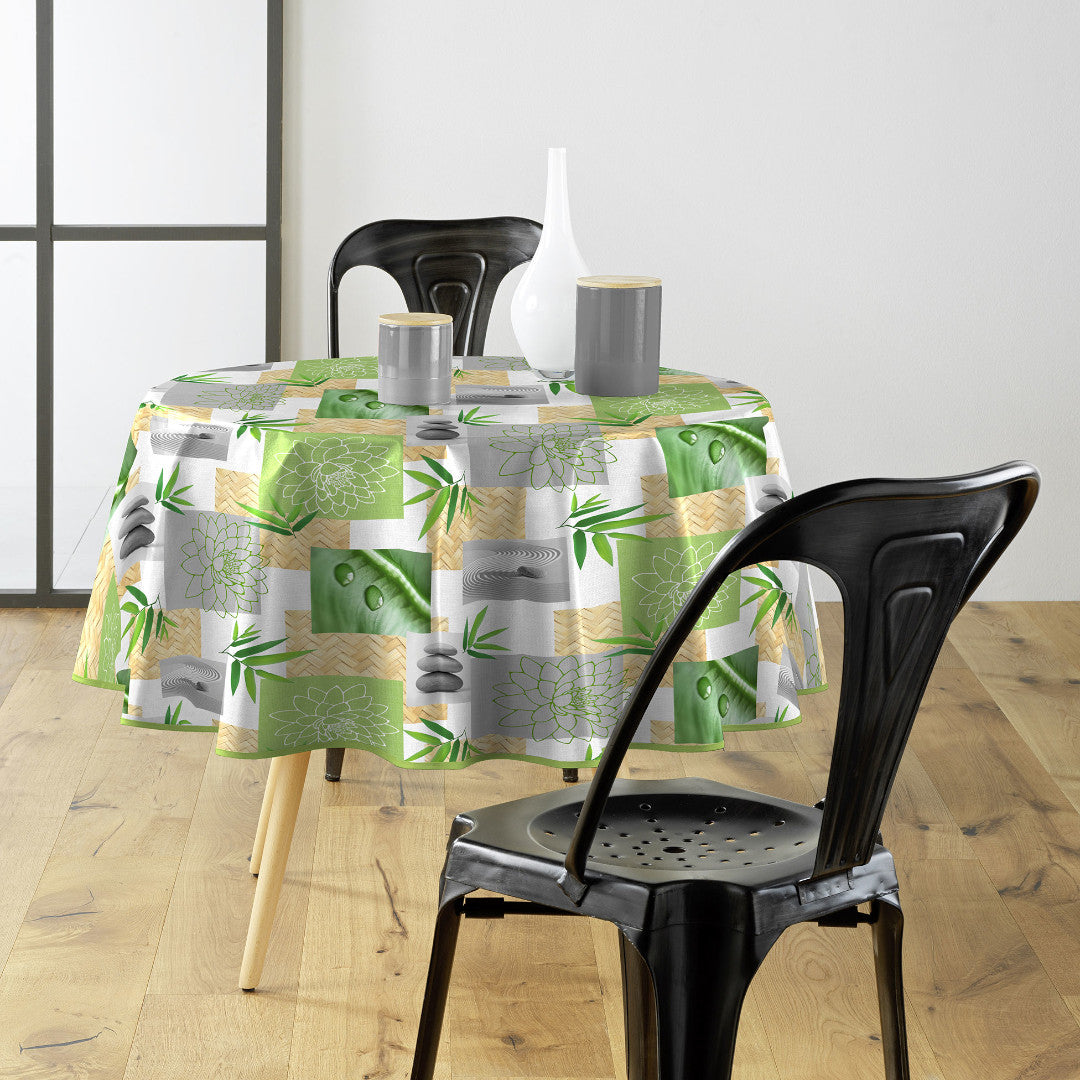 Almeria - Runde Wachstuch-Tischdecke mit grünen Zen-Motiven, Ø 155 cm, Ambiente