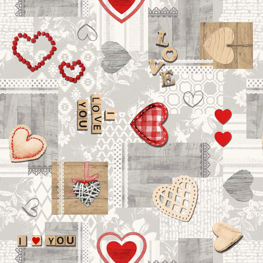 Amour Red - Wachstuch Tischdecke mit Herzen und romantischen Details, Muster