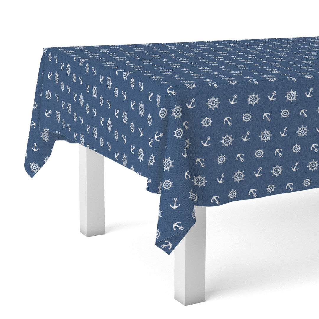 Ancora Maritim – Abwaschbare Tischdecke in Dunkelblau mit Ankern und Schiffsradmuster, Ecke