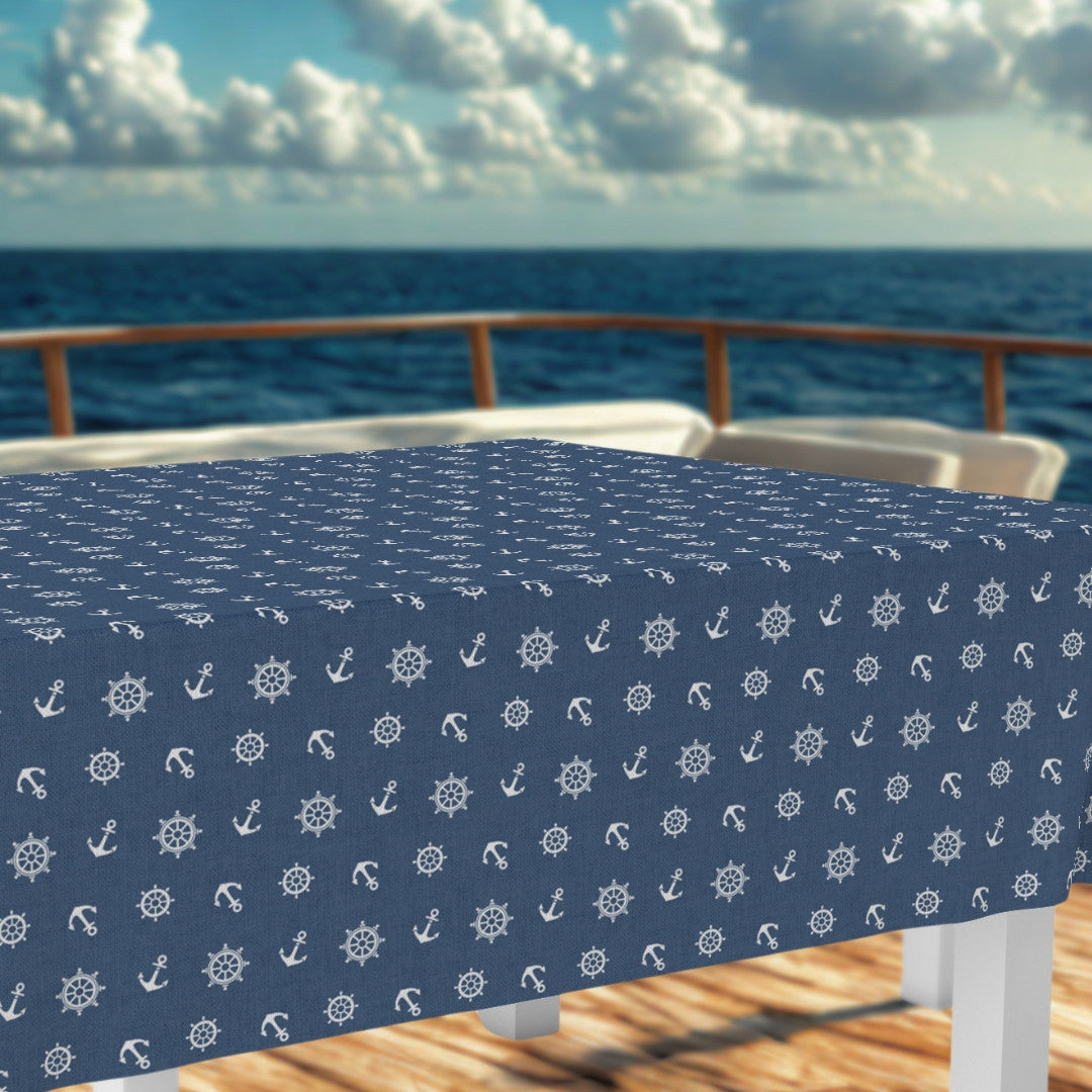 Ancora Maritim – Abwaschbare Tischdecke in Dunkelblau mit Ankern und Schiffsradmuster