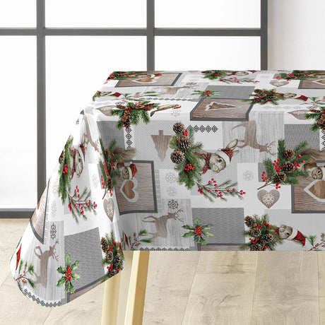 Ansel – Wachstuch Tischdecke für Weihnachten mit Rentier und Kaninchen in Winterlandschaft, Ecke