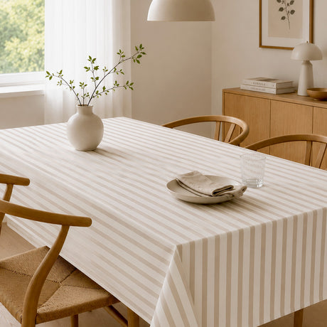 Aria Beige/Offwhite - Wachstuch Tischdecke mit Streifen in Leinenoptik, Wohnzimmerambiente