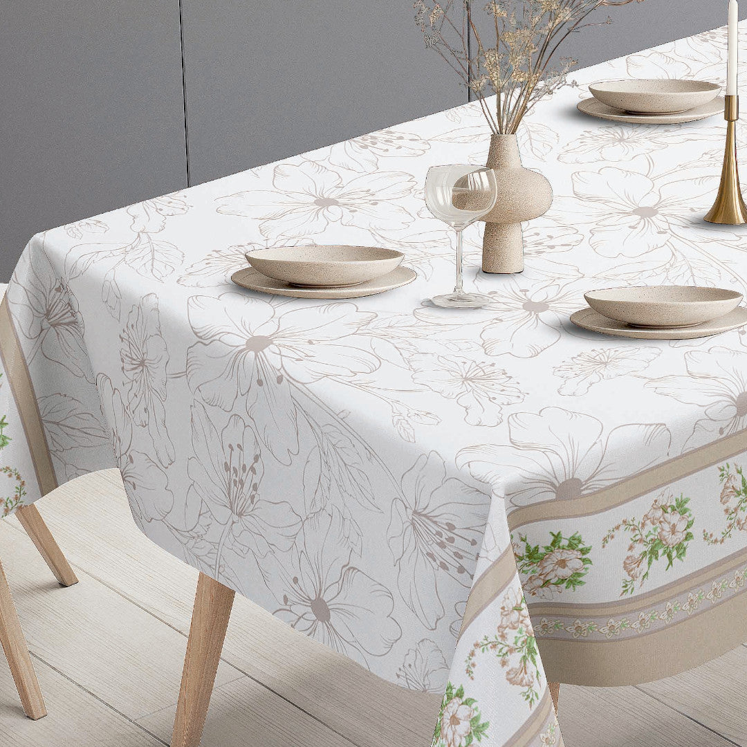 Blumenband – Wachstuch Tischdecke in Creme mit Blumenbordüre, Tischende