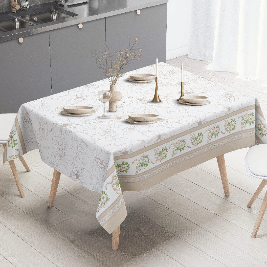 Blumenband – Wachstuch Tischdecke in Creme mit Blumenbordüre, Ambiente