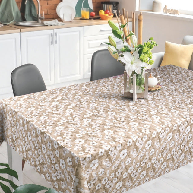 Blomsterflor Beige – Leicht geprägte Wachstuch Tischdecke mit weißen Blumen, Ambiente