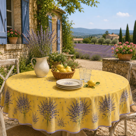 Bonnieux Gelb - Runde acrylbeschichtete Provence-Tischdecke Ø 180 cm, Ambiente
