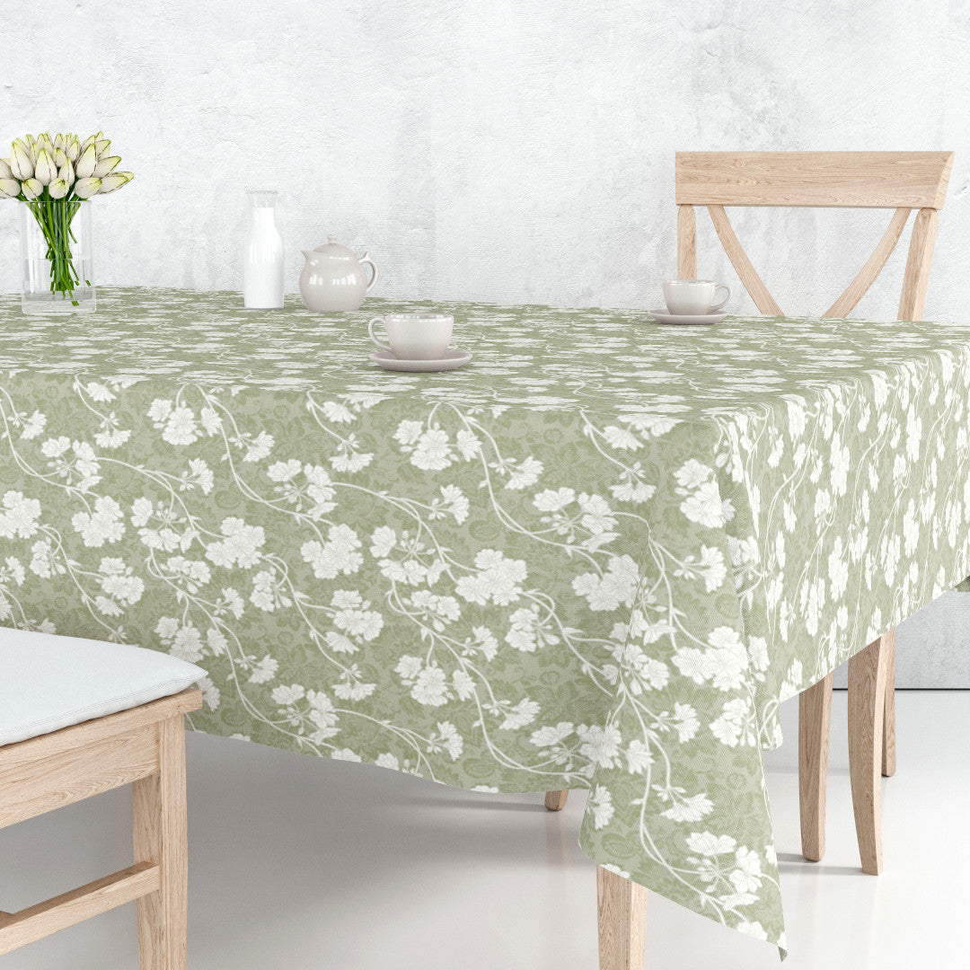 Botanic Green – Leicht geprägte Wachstuch Tischdecke mit Blumen