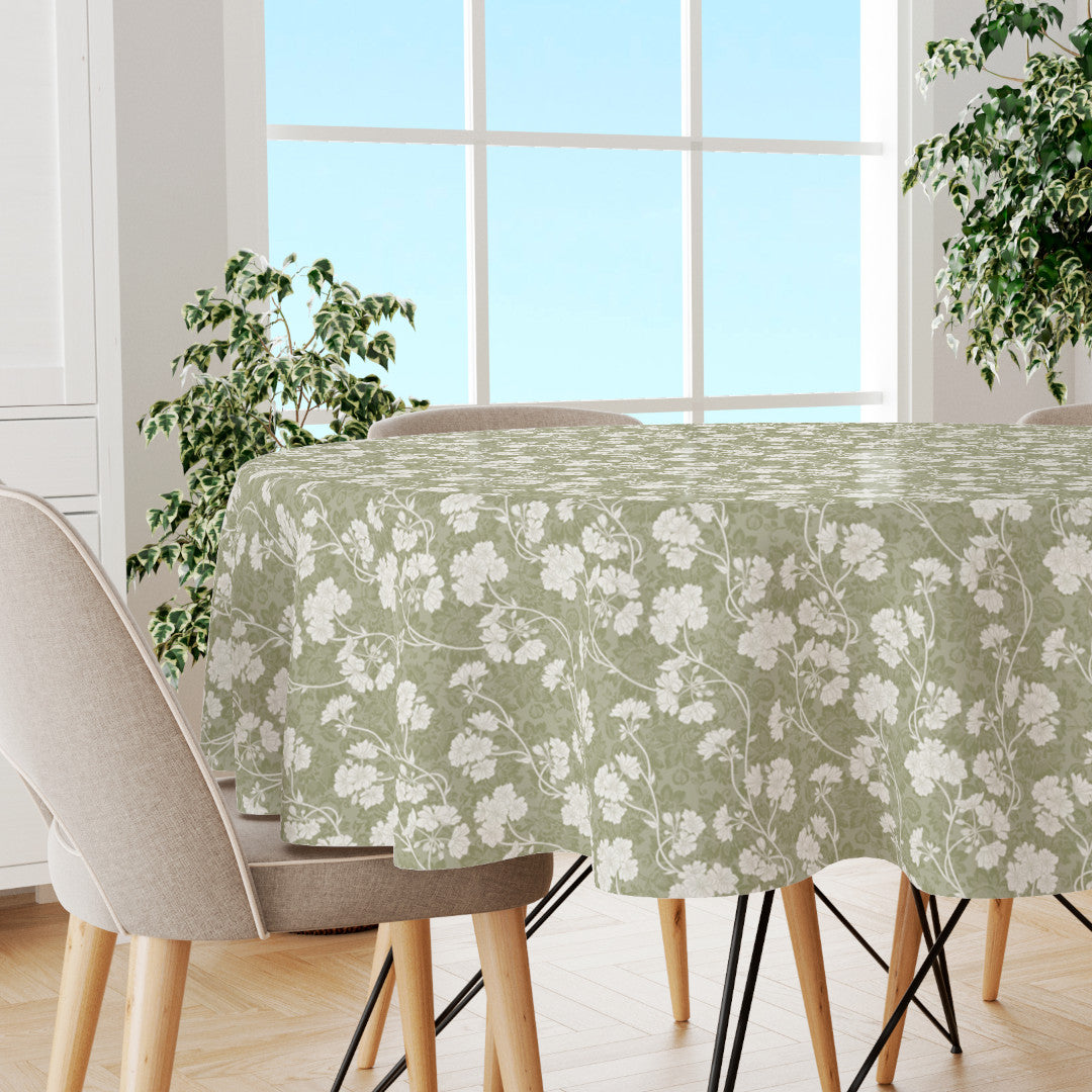 Botanic Green – Runde, leicht geprägte Runde Wachstuch Tischdecke mit Blumen, Ambiente