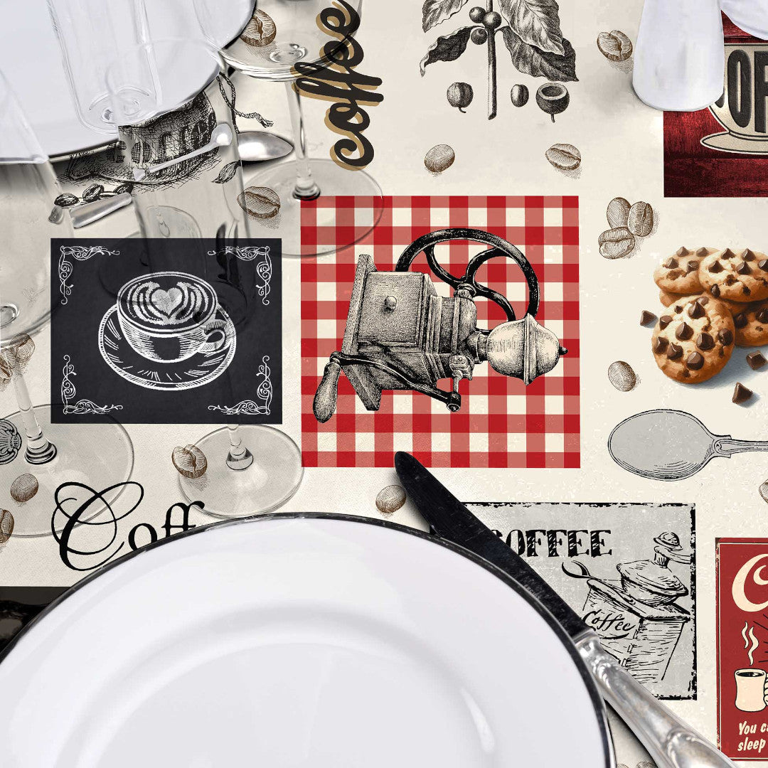 Café – Wachstuch Tischdecke mit Kaffeemotiv, perfekt für Cafés und gemütliche Kaffeemomente, Nahaufnahme