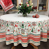 Cervin Rot Grün – Große, runde acrylbeschichtete französische Weihnachtstischdecke Ø 230, Ambienteaufnahme