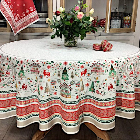Cervin Rot Grün – Große, runde acrylbeschichtete französische Weihnachtstischdecke Ø 230, Ambienteaufnahme