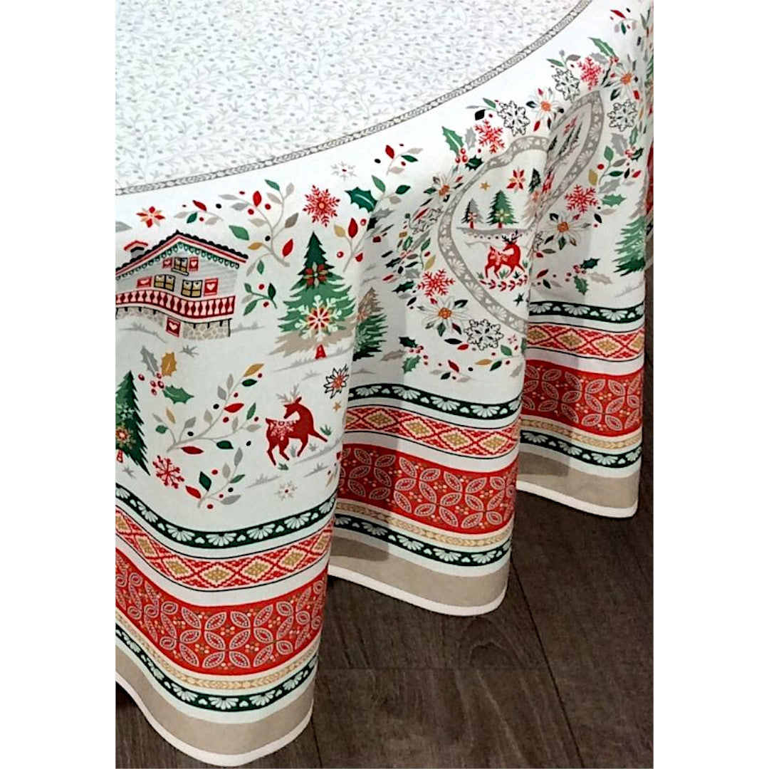 Cervin Rot Grün – Große, runde acrylbeschichtete französische Weihnachtstischdecke Ø 230