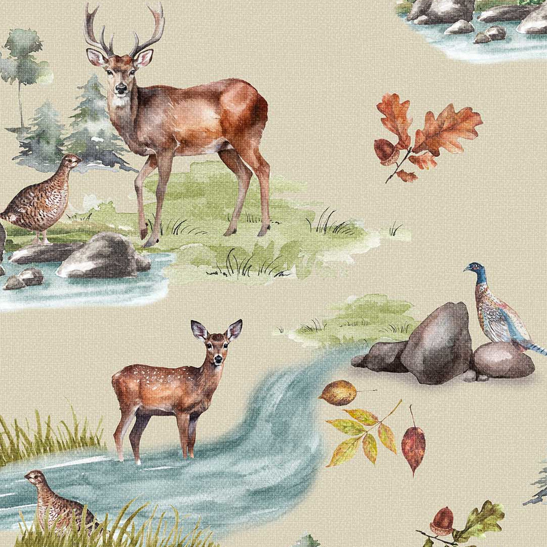 Chasse – Wachstuch Tischdecke mit Rehen, Vögeln und herbstlichem Waldmotiv, Nahaufnahme