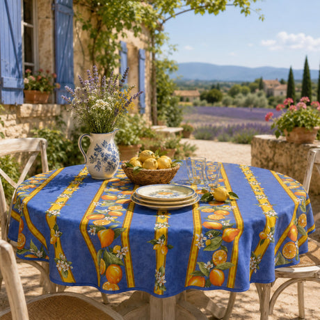 Zitrone Blau - Runde acrylbeschichtete Provence-Tischdecke Ø 150 cm, Ambiente