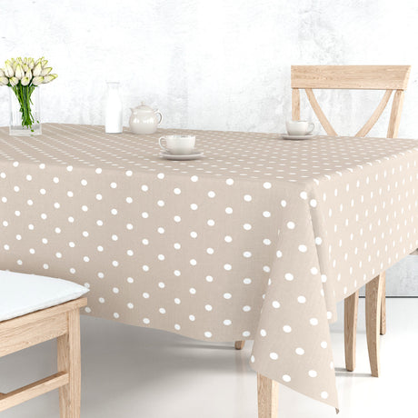 Classic Dot Beige - Wachstuch Tischdecke mit weißen Punkten
