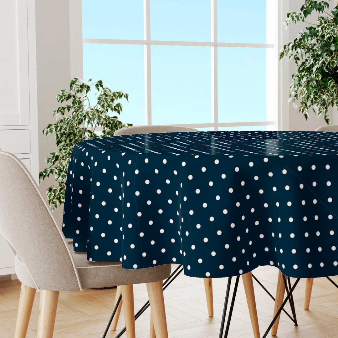 Classic Dot Blau - Runde Wachstuch Tischdecke mit weißen Punkten