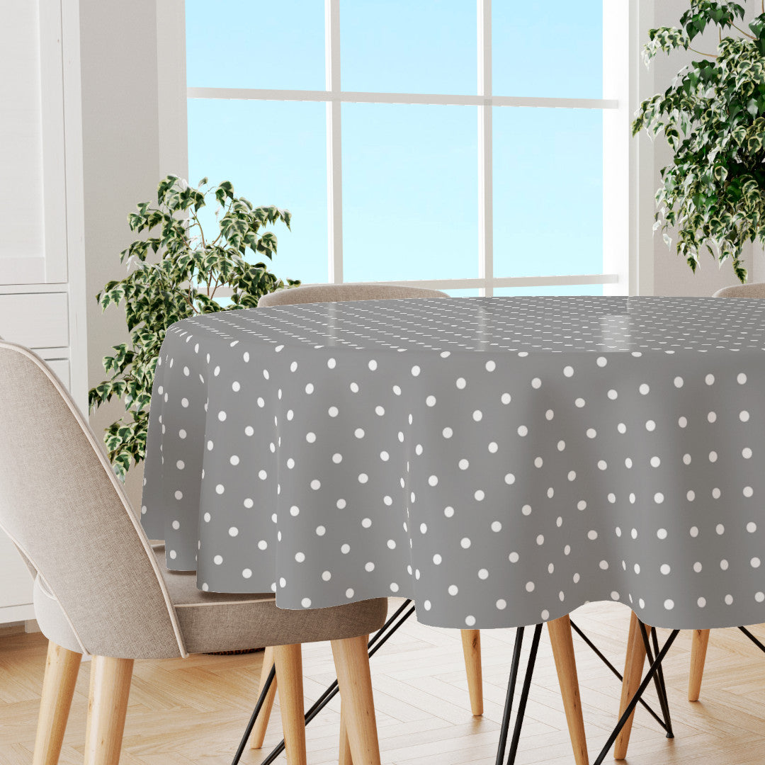 Classic Dot Grau - Runde Wachstuch Tischdecke mit weißen Punkten